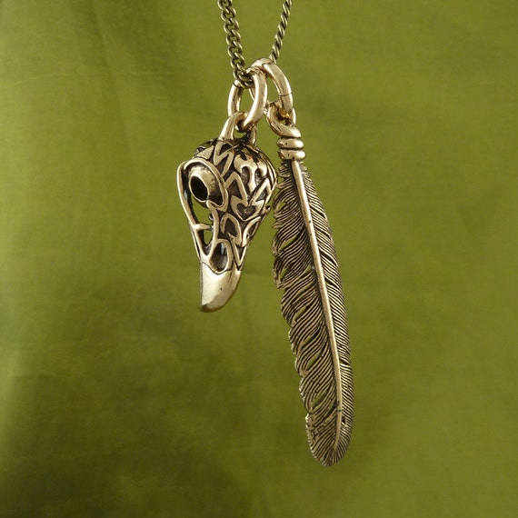 Bird Skull and Feather Necklace Bronze Eagle Skull and Feather