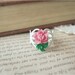 White Filigree Ring with Pink Rose Flower and Leaves