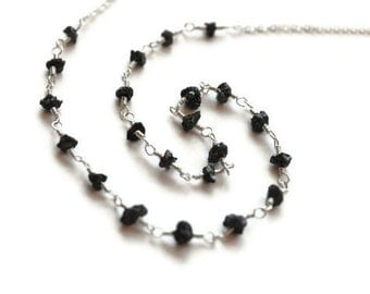 Rough Diamond Necklace, Uncut Black Diamonds, Natural Conflict Free, Rosary Style Wire Wrapped, Sterling Silver