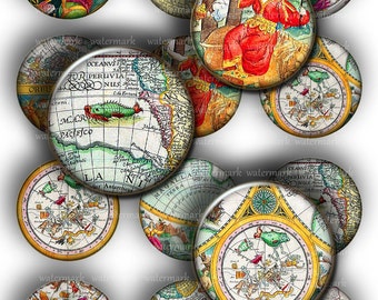 Old World Maps Circles 1in and 2in - Digital Collage Sheet, Download for Resin Pendant, Round Circle printable (18)