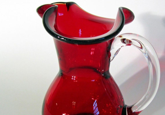 Vintage Ruby Red Hand Blown Glass Pitcher with Flared Rim