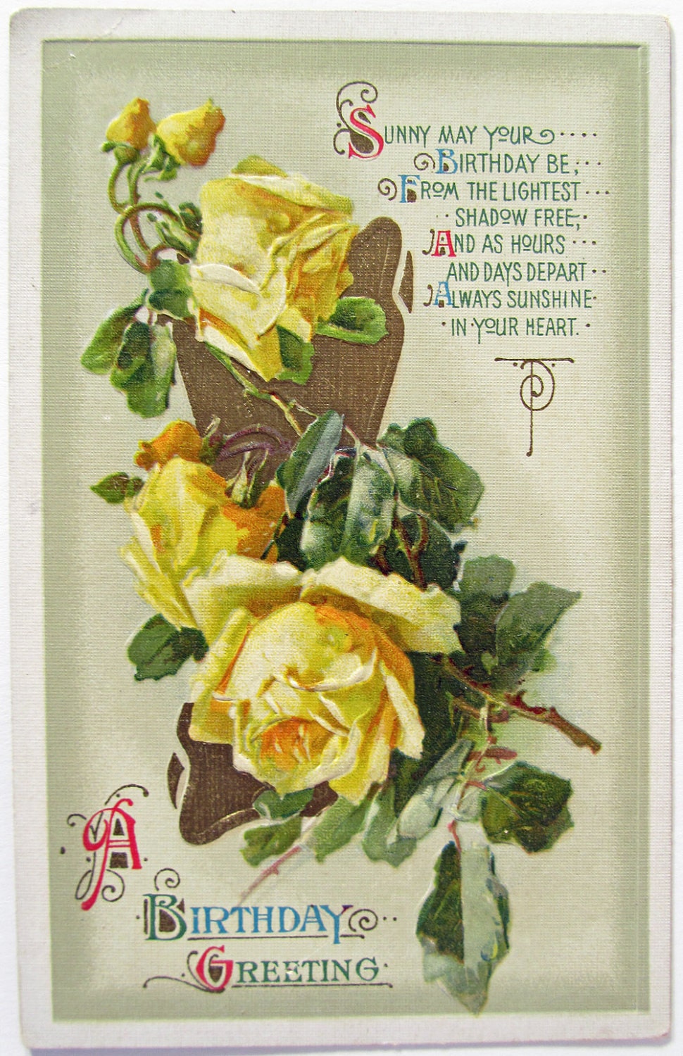 Vintage Victorian Yellow Rose Birthday Embossed Postcard Made