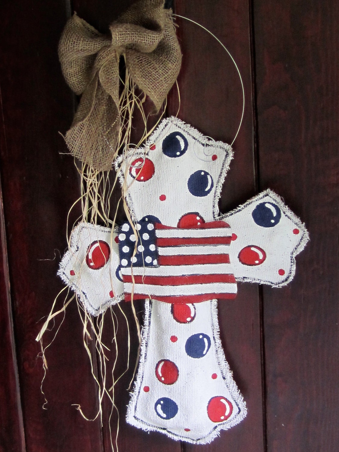 Burlap Cross Burlap Door Hanger American Flag with Polka Dots