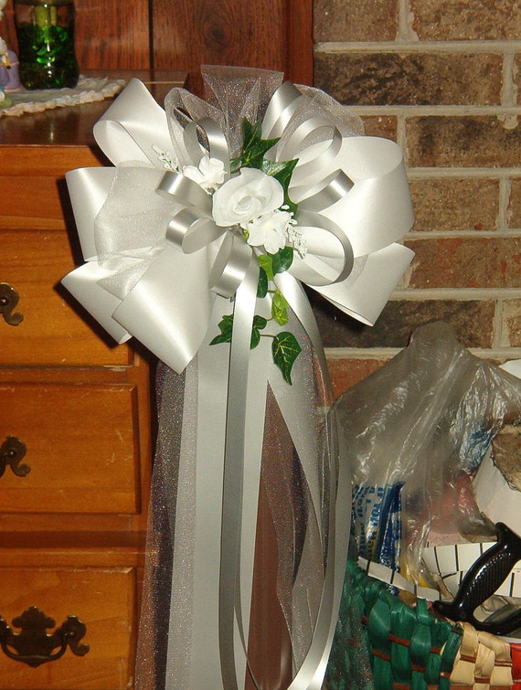 10 WHITE SILVER Rose Pew Bows Wedding Decorations Bridal