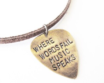 Metal Guitar Pick Necklace - Hand Stamped Jewelry - mens necklace, handmade jewlery, mens fashion, boho necklace, leather necklace
