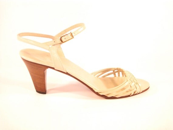 Cream Leather Sandal Heels. Size 8. Made in Italy. Woven