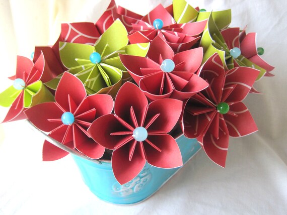 Red and lime green flowers in aqua blue ladybug by thesundayflower