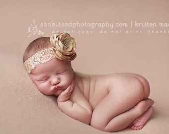 Flower Headband, Newborn Photography Prop, Beautiful Newborn Tan Flower on Sretchy Lace Headband, All Sizes, Girl Headband, Baby Headband