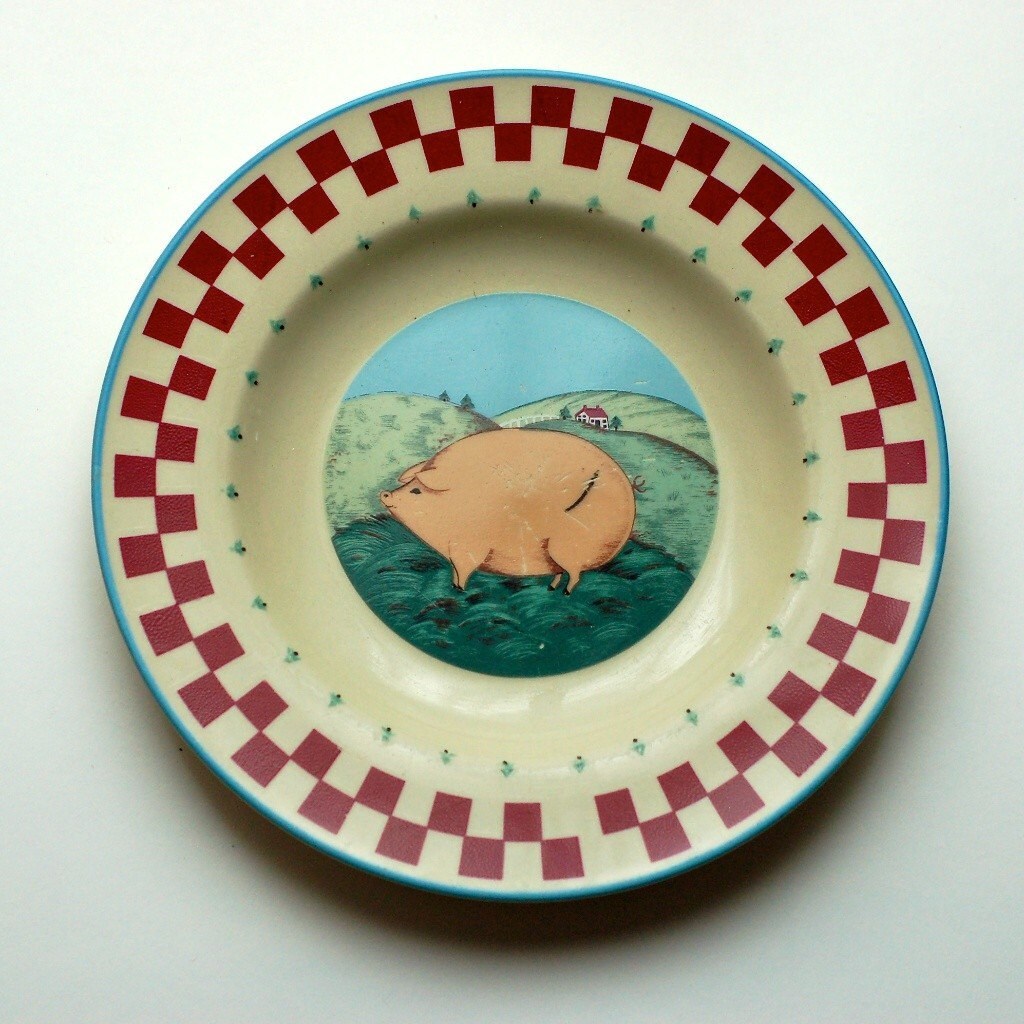 Vintage Folk Art Pig Plate Tienshan Stoneware