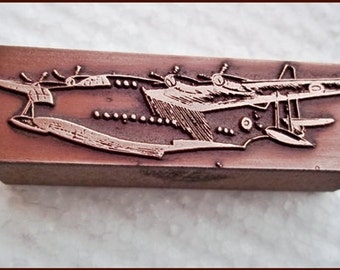 Beautiful Copper Letterpress Printers Block : Four Prop Passenger Sea- Plane