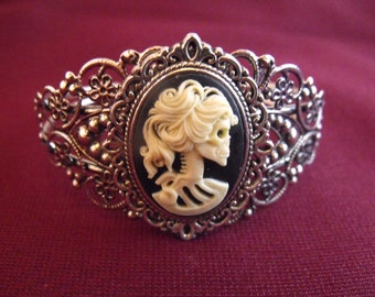 Silver Cameo Bracelet, Gothic Lolita Cuff Bracelet Womens Gift Handmade