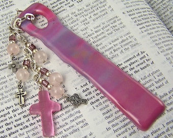 Bookmark - Fused Glass Pink & Violet Bookmark with Glass Cross and Mixed Media Beads, Silver Plated Chain, Silver Plated Cross Beads