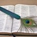 Bookmark - Exotic Peacock Feather and Dyed & Lacquered Cedar - Blue, Green and Violet Wood Page Marker