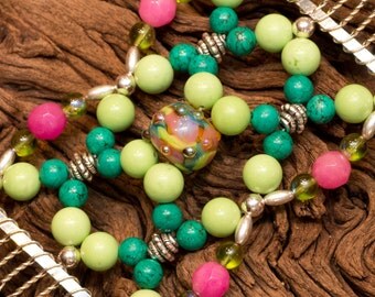 Handmade Hair Comb - Pink, Green & Turquoise - Semi-Precious stones - Divalicious