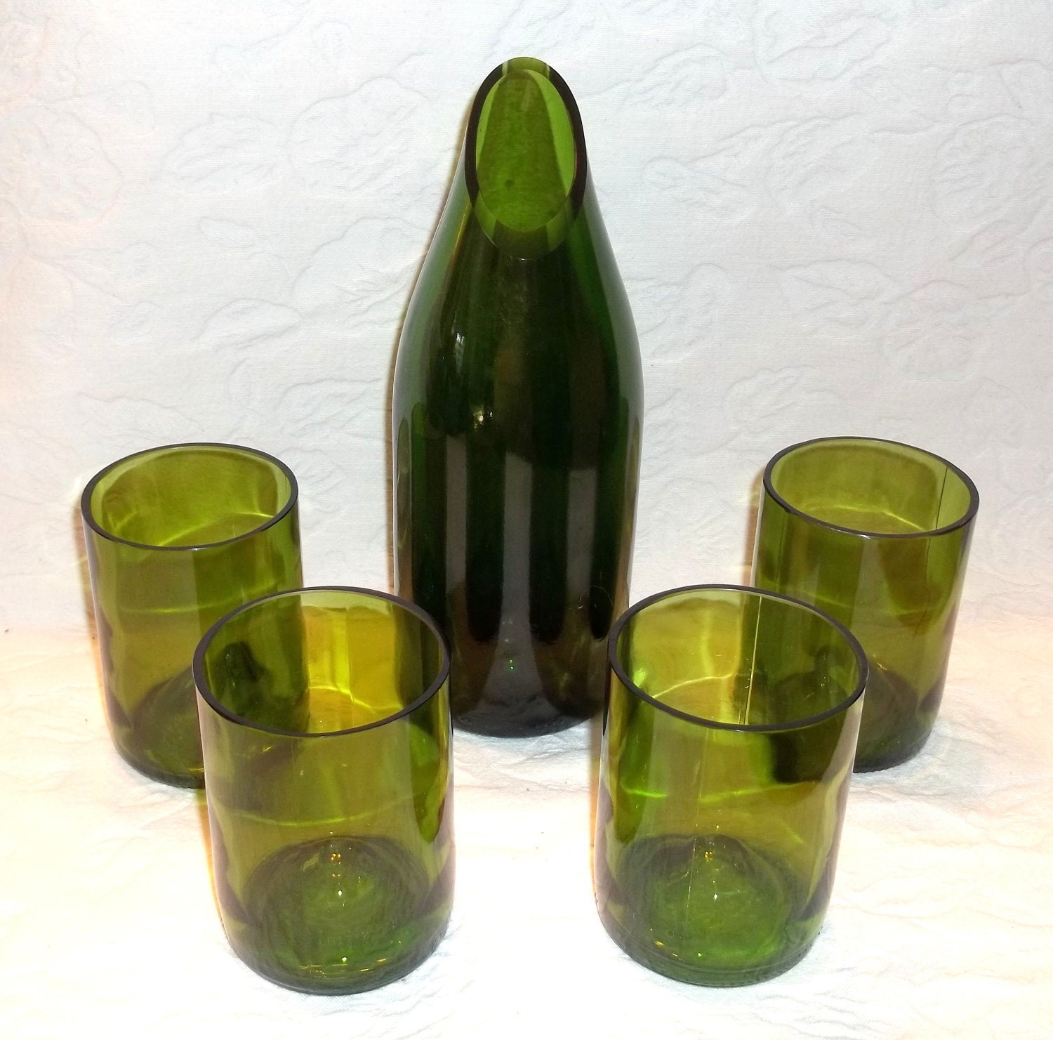 Recycled Green Wine Bottle Carafe and FOUR 4 Stemless Wine