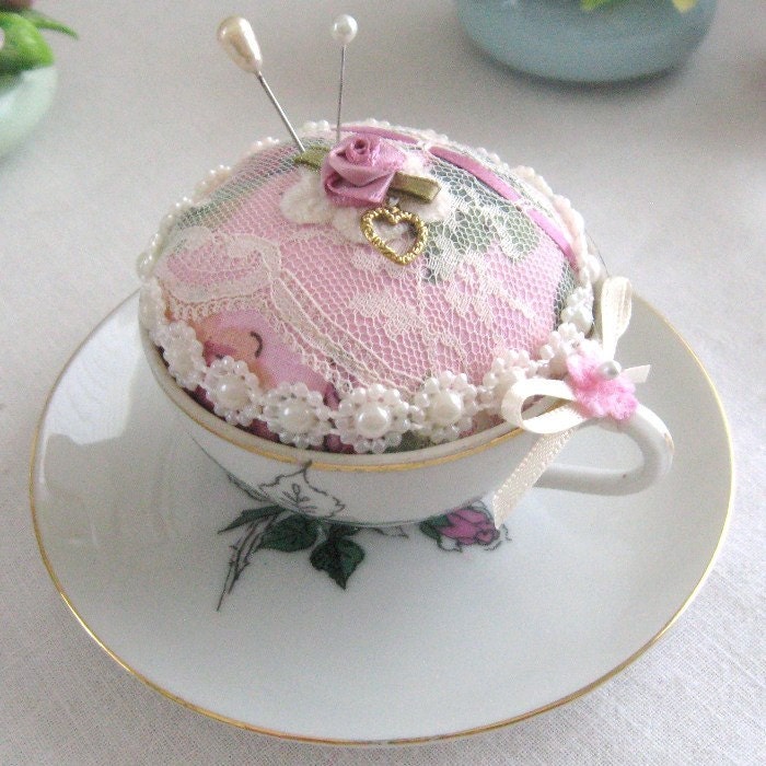 Teacup Pincushion VINTAGE TEACUP Mini Handmade Soft