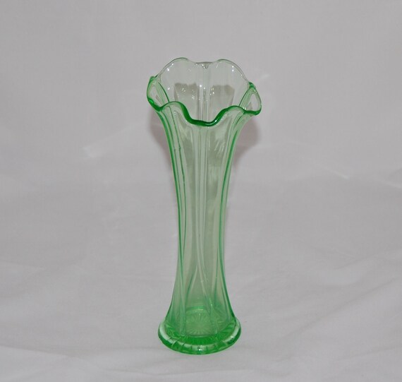 Items similar to Vintage Green Ruffled Fluted Glass Vase Handblown