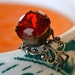 Vintage Ruby Glass Ring, Oxidized Brass, Adjustable, Romantic, Hollywood Glamour
