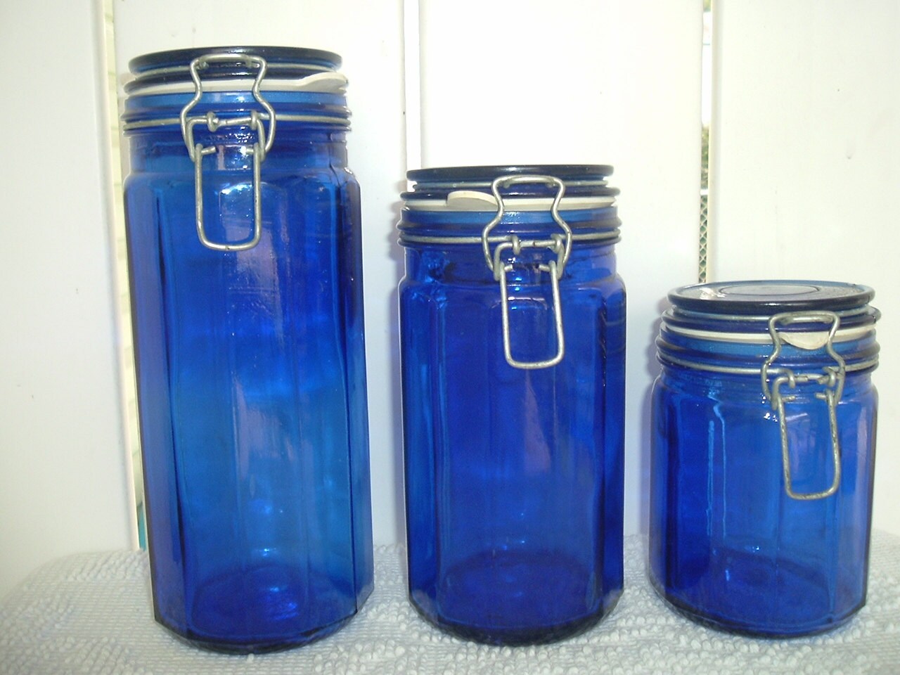 Blue Glass Canisters set of 3 by VintageGlobal on Etsy