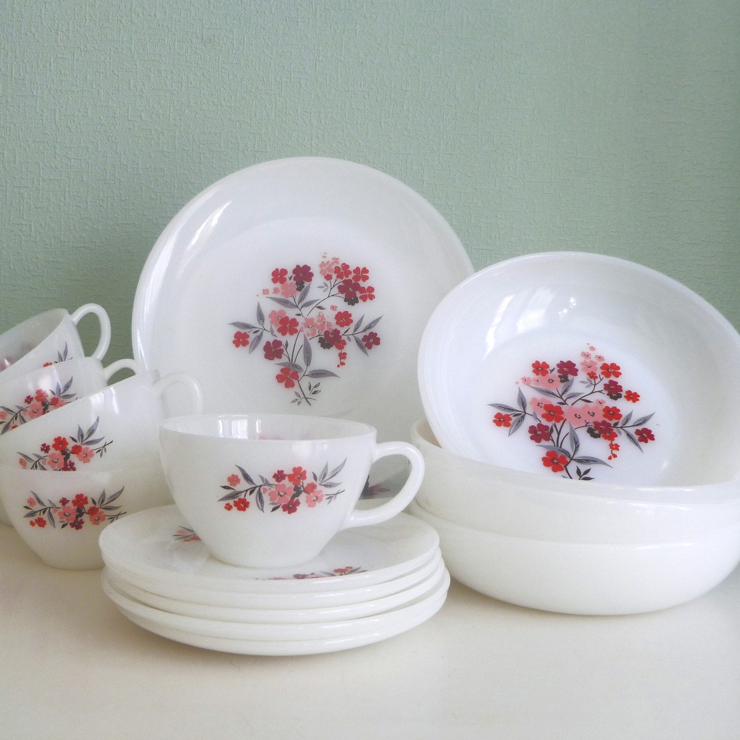 Vintage 16 pc Fire King Primrose Dish Set. 4 sets of Cups
