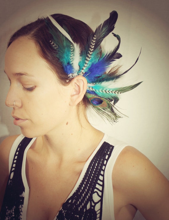 Handmade Feather Ear Cuff Peacock Feathers Grizzly Feathers