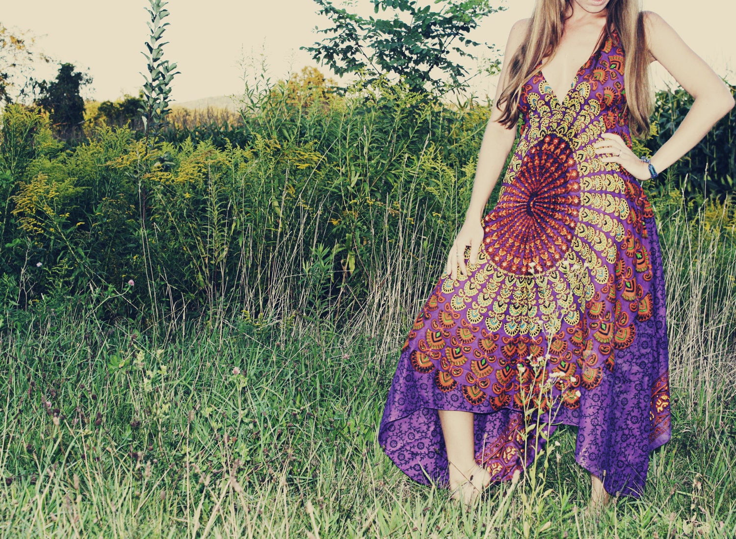 Handmade Purple Bohemian Dress Long Organic Hippie Dress