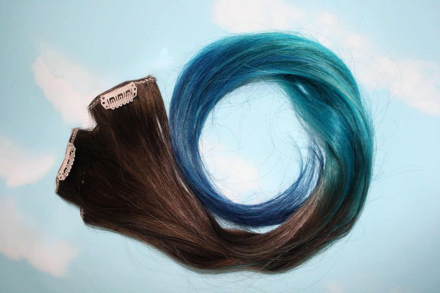 Ombre Turquoise Blue Tip Dyed Hair Extensions Dark 6805