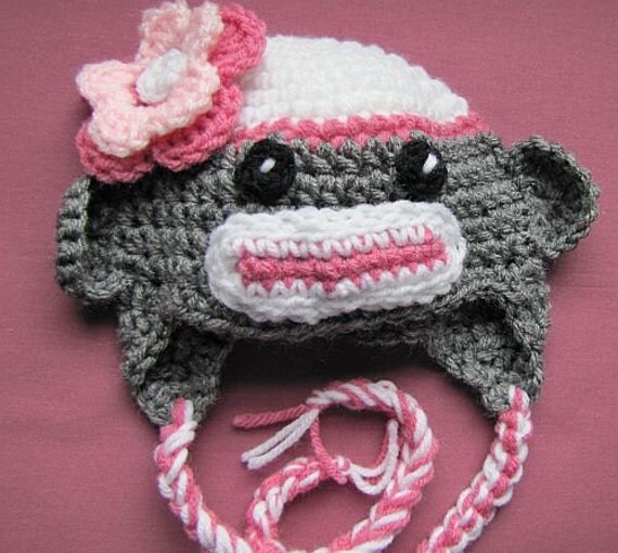 sock monkey hat for newborn 0 3 month in pink by GrammiesHats