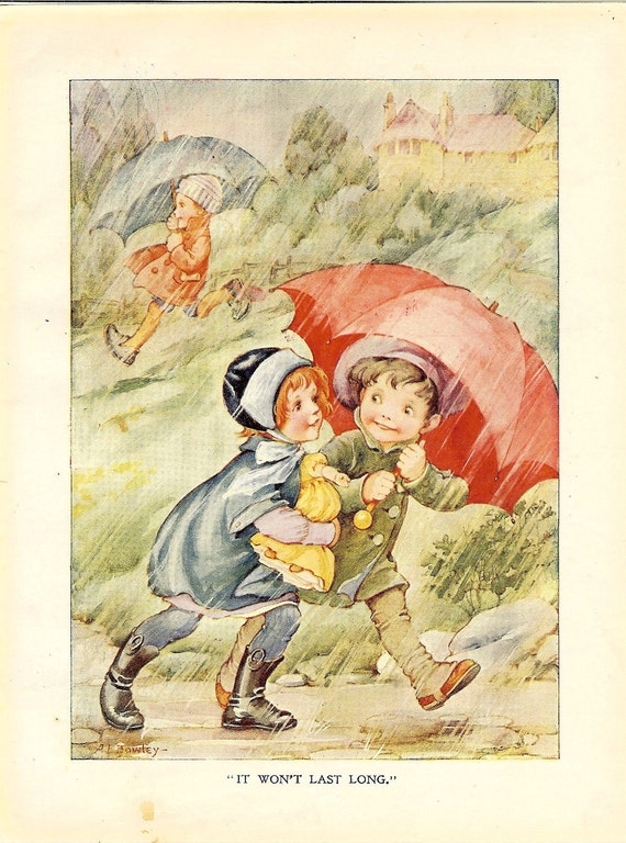 Vintage 1915 Childrens Colour Print Umbrellas In Rainy