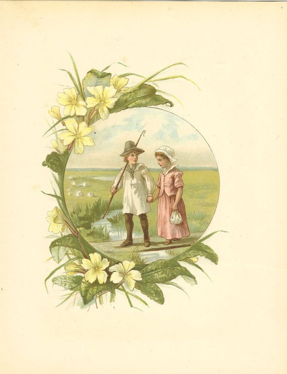 Antique 1888 Victorian Childrens Print Boy And Girl Crossing Stream With Shepherds Crook In Hand Cowslips Book Plate Book Illustration