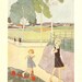 1933 Art Deco Gladys Peto Vintage Print Schoolgirl Walks Off Followed By Sister On Her Scooter. Ideal For Framing.