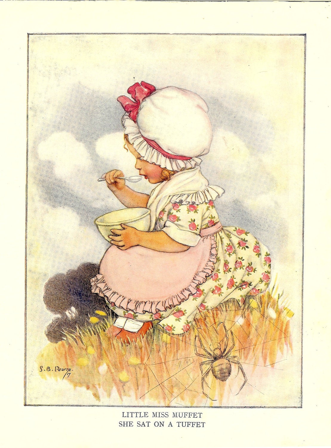 1930s Nursery Rhyme Little Miss Muffet Vintage Print by