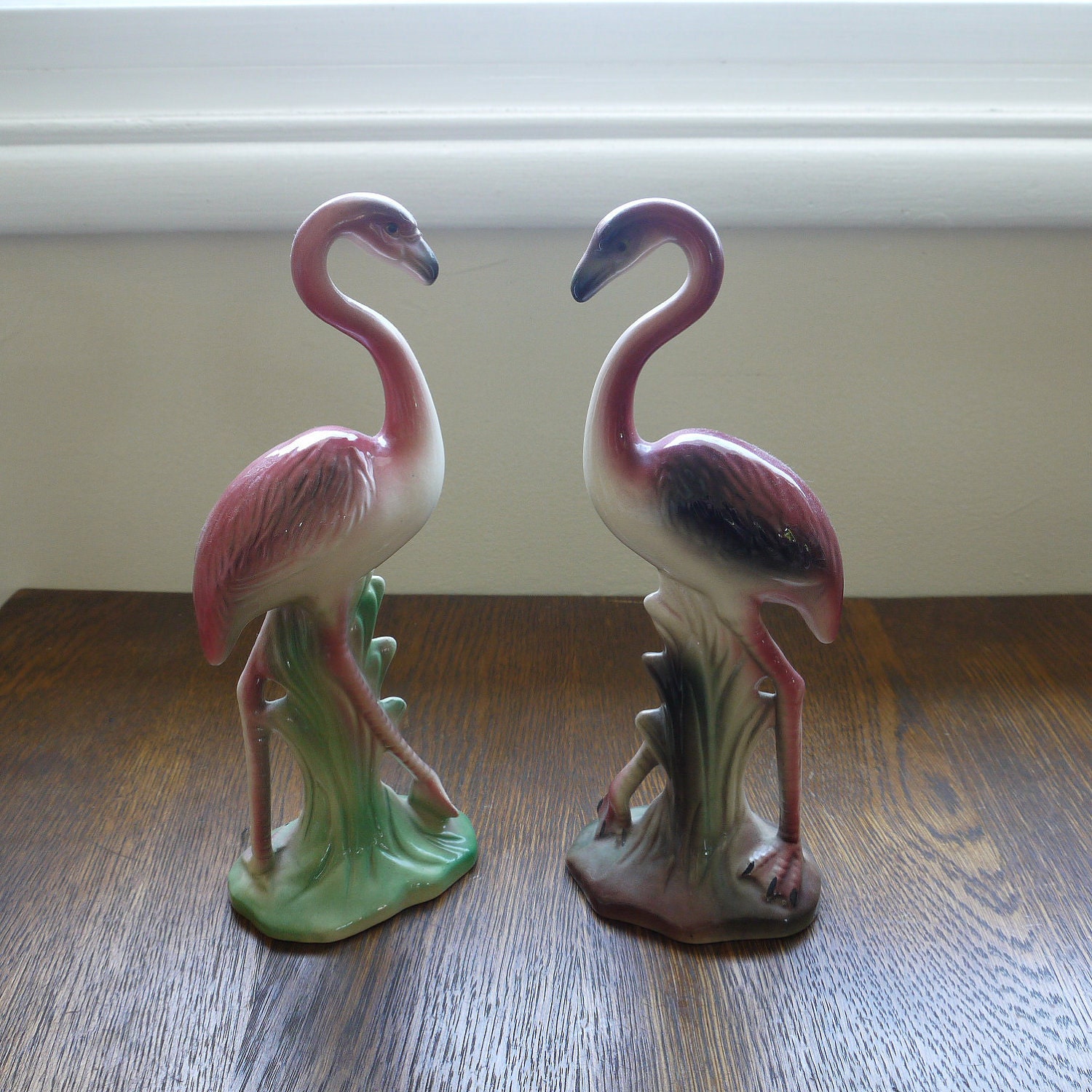 Vintage Pair Of California Pottery Bright Pink Flamingo