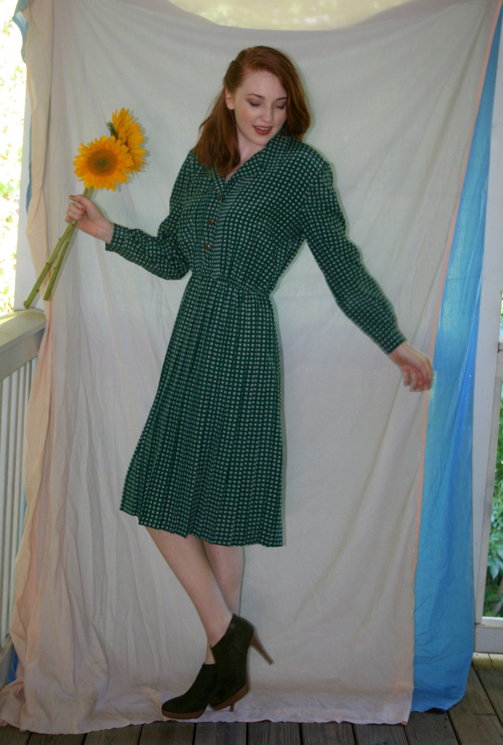 1970s School Teacher Dress with Pleats Envious Green