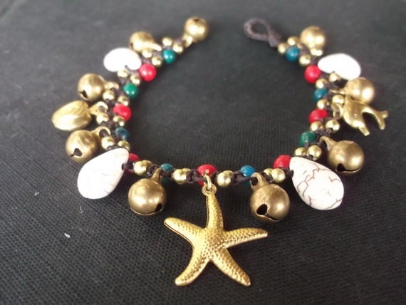 Thai handmade bracelet Turquoise & Red coral star brass cute