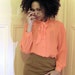 70s handmade secretary coral silk ascot tie blouse M / L.