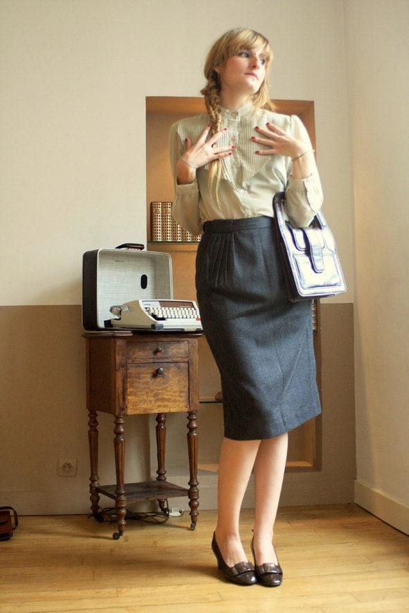 60s Secretary High Pleated Waist Grey Pencil Skirt S M 