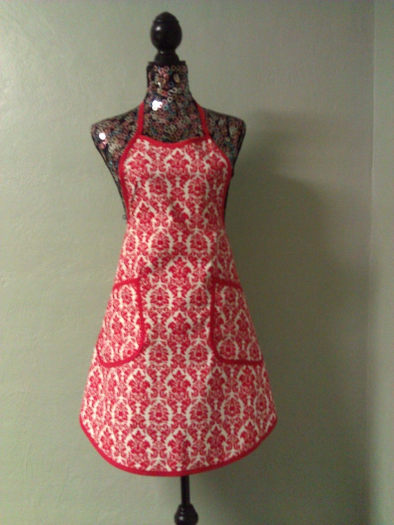 Red and white apron with two side pockets