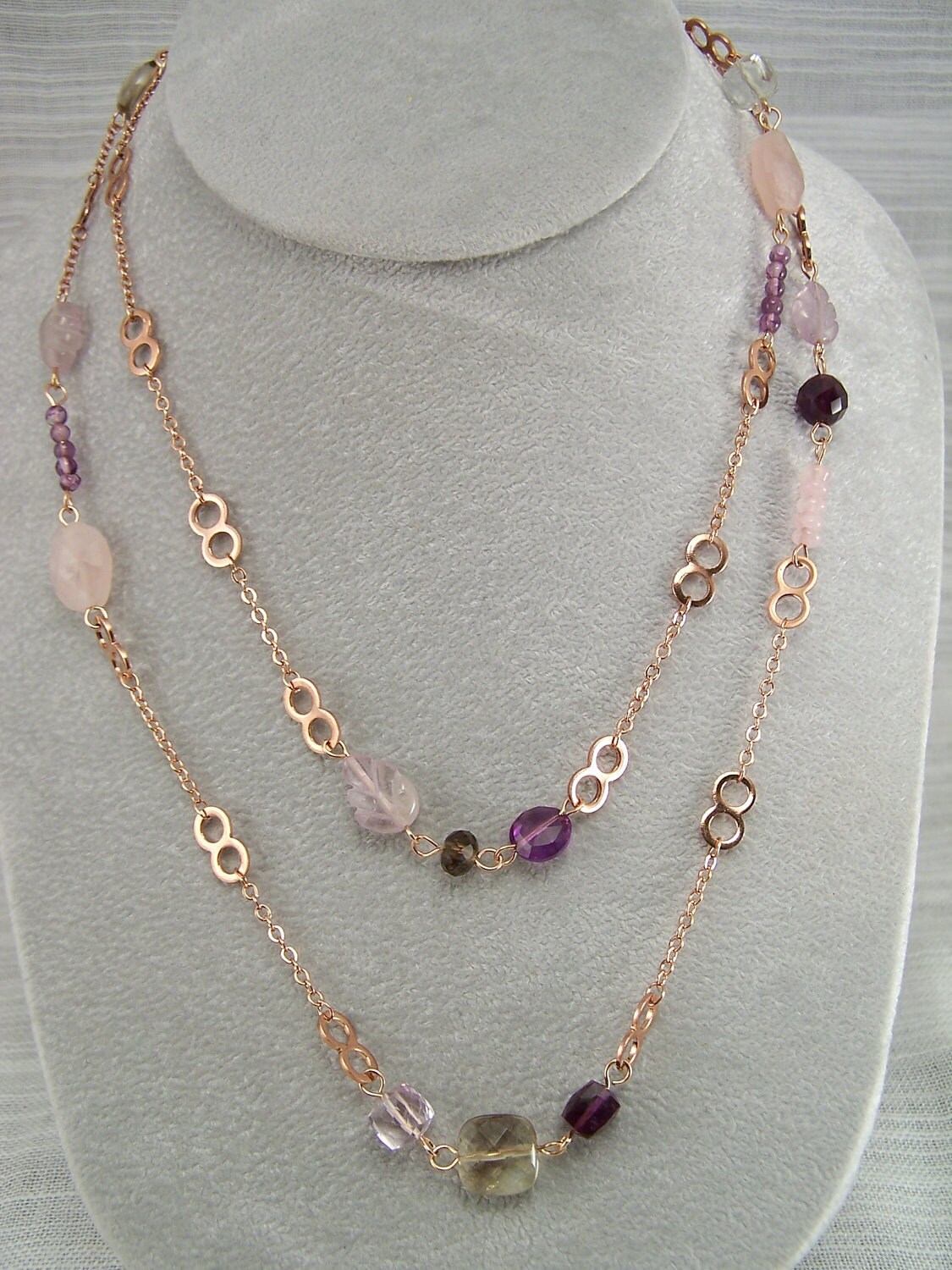 Rose Gold Necklace Set with Faceted Gemstones of Amethyst and