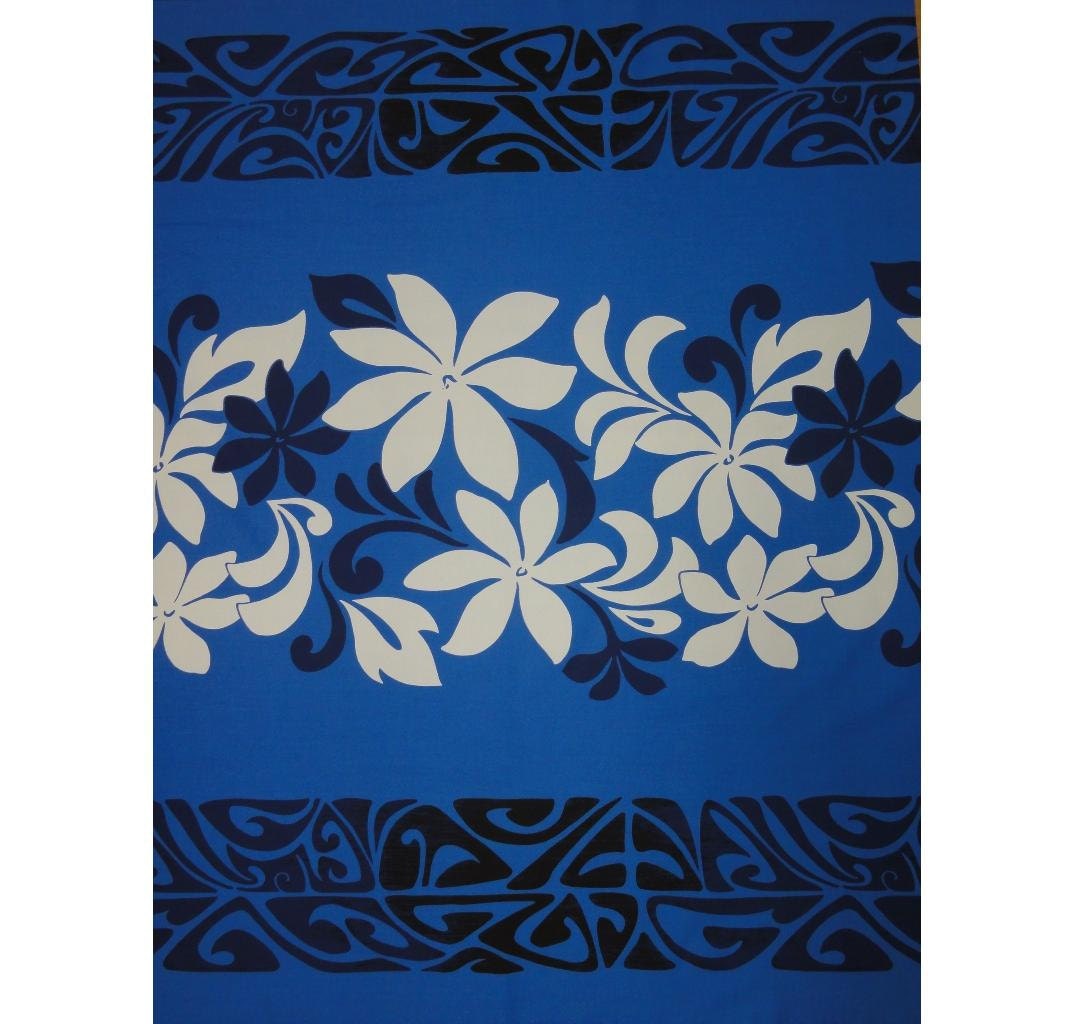 Hawaiian Tahitian Fabric Royal Blue & Black Tribal Tiare