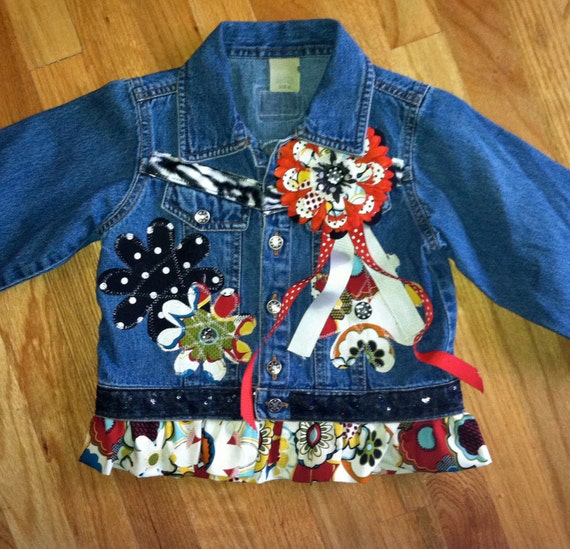 Items similar to Red Hippy Flower Embellished Jean Jacket on Etsy