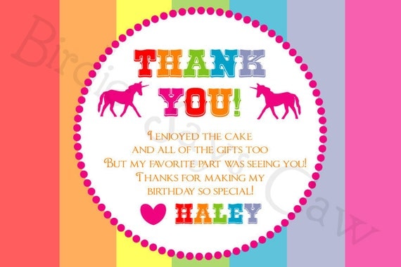 custom printable rainbow unicorn thank you card