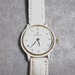 As-Is 1970s Lady's Wrist Watch, White Enamel, White Leather Band.
