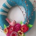 Pink Bird Teal Yarn Wreath 12"