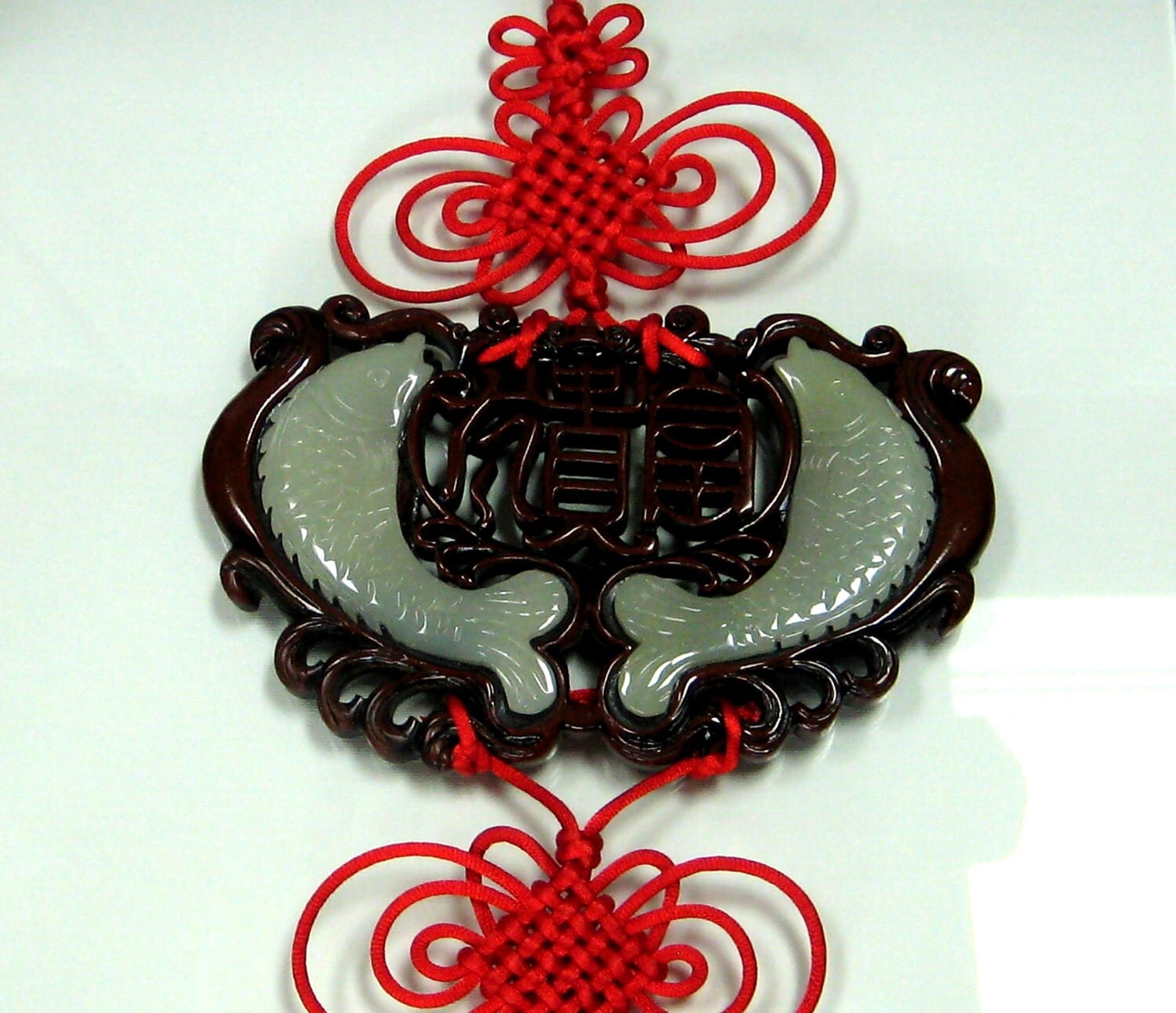 Chinese Jade Fish wall hanging red knot tassel