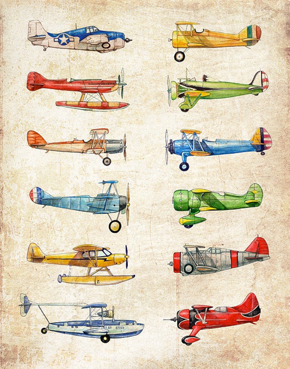 Vintage Airplane Collection antiqued watercolor print