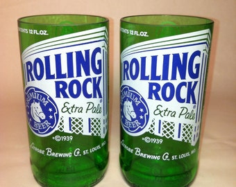 Recycled Rolling Rock Beer Bottle Glasses - Set of 2