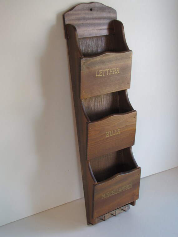 Vintage Wooden 3 Slot Mail Organizer Letter Bill Sorter