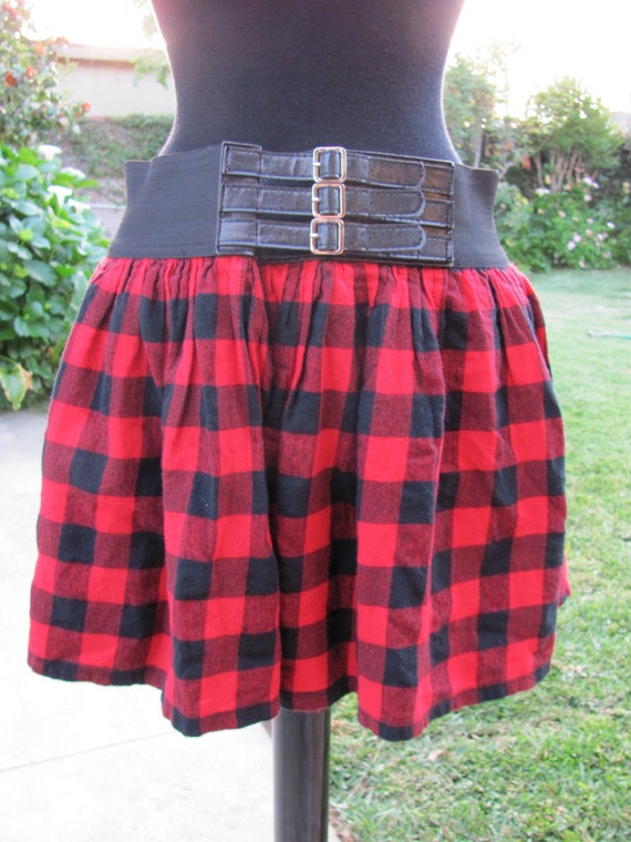 80's Red and Black Checkered Flannel Full Mini Skirt