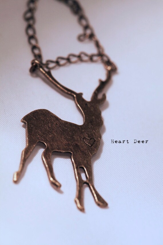 Deer Pendant . Antique brass . Chain . Heart . by WhiteLilyDesign